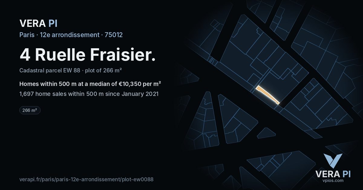 4 Ruelle Fraisier, 12e arrondissement at night – the plot lit, the parcels around coloured by the prices near them