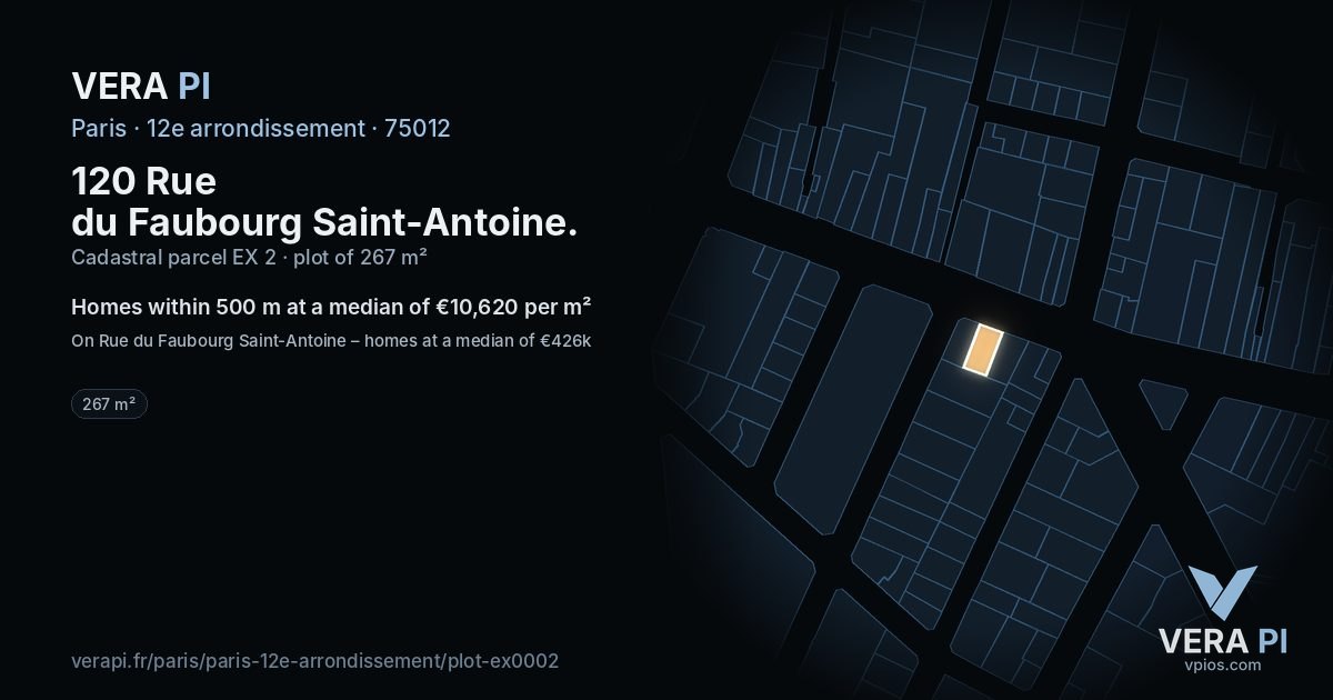 120 Rue du Faubourg Saint-Antoine, 12e arrondissement at night – the plot lit, the parcels around coloured by the prices near them