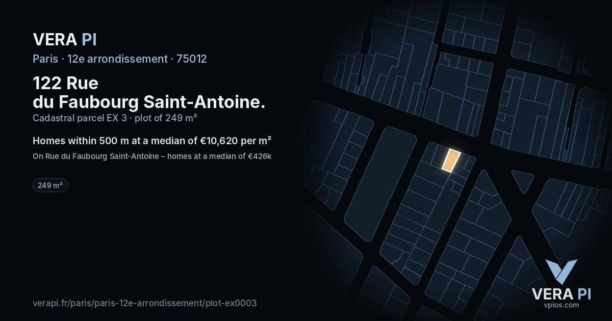122 Rue du Faubourg Saint-Antoine, 12e arrondissement at night – the plot lit, the parcels around coloured by the prices near them