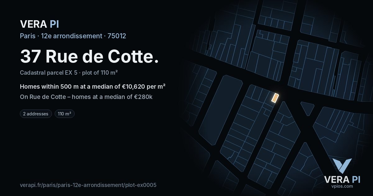 37 Rue de Cotte, 12e arrondissement at night – the plot lit, the parcels around coloured by the prices near them