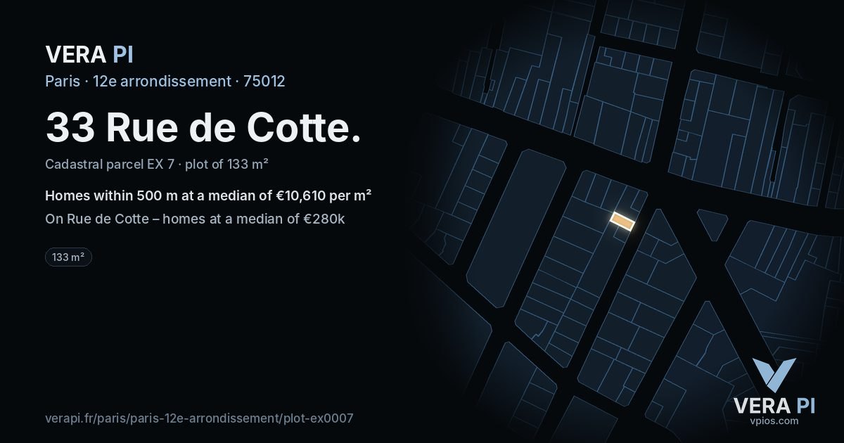 33 Rue de Cotte, 12e arrondissement at night – the plot lit, the parcels around coloured by the prices near them
