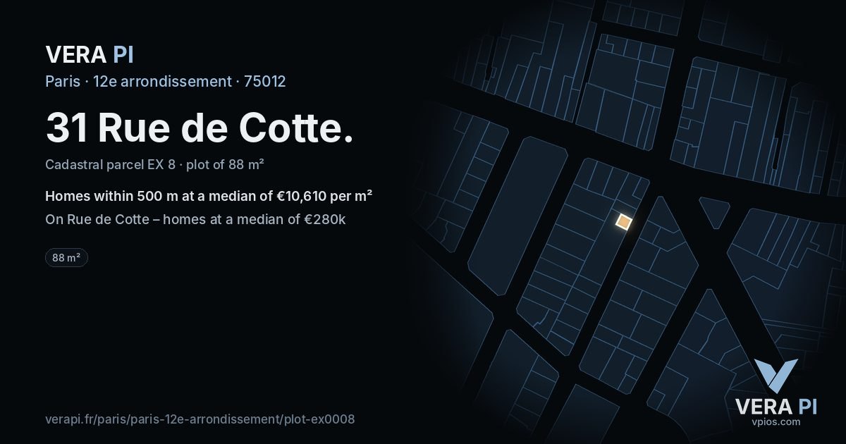 31 Rue de Cotte, 12e arrondissement at night – the plot lit, the parcels around coloured by the prices near them
