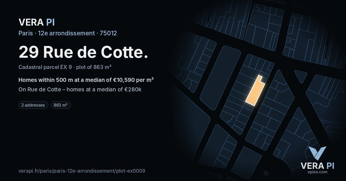 29 Rue de Cotte, 12e arrondissement at night – the plot lit, the parcels around coloured by the prices near them