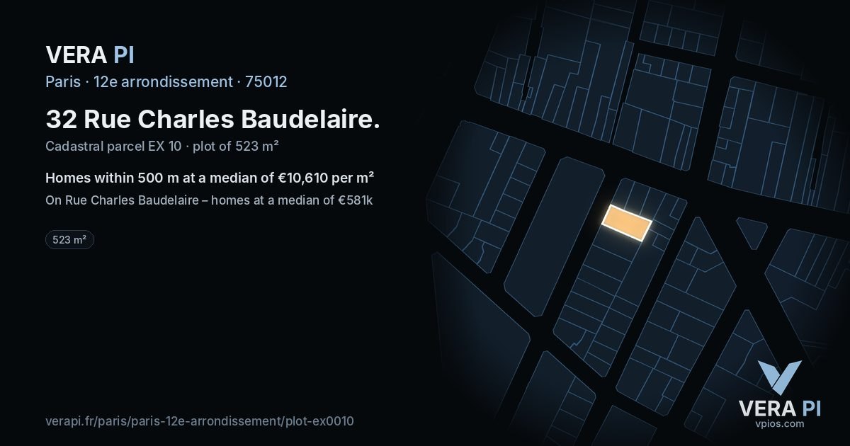 32 Rue Charles Baudelaire, 12e arrondissement at night – the plot lit, the parcels around coloured by the prices near them