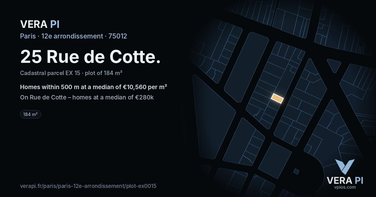 25 Rue de Cotte, 12e arrondissement at night – the plot lit, the parcels around coloured by the prices near them