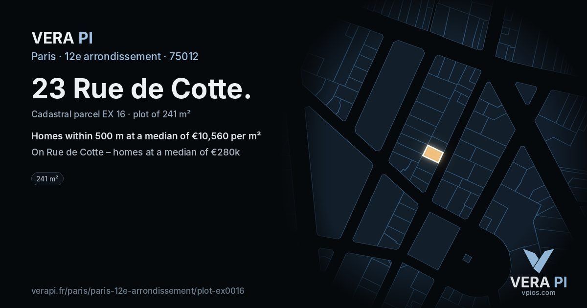 23 Rue de Cotte, 12e arrondissement at night – the plot lit, the parcels around coloured by the prices near them