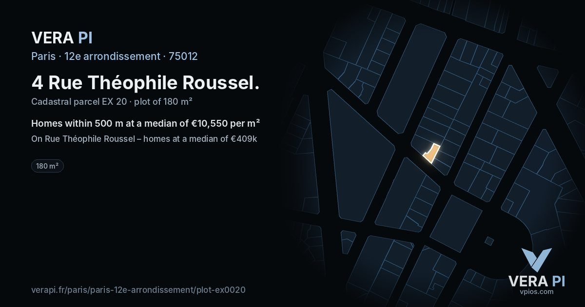4 Rue Théophile Roussel, 12e arrondissement at night – the plot lit, the parcels around coloured by the prices near them
