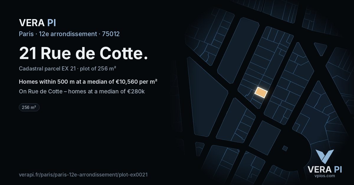 21 Rue de Cotte, 12e arrondissement at night – the plot lit, the parcels around coloured by the prices near them
