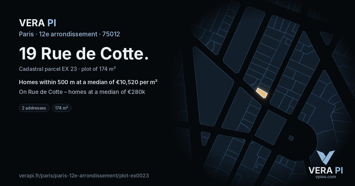 19 Rue de Cotte, 12e arrondissement at night – the plot lit, the parcels around coloured by the prices near them