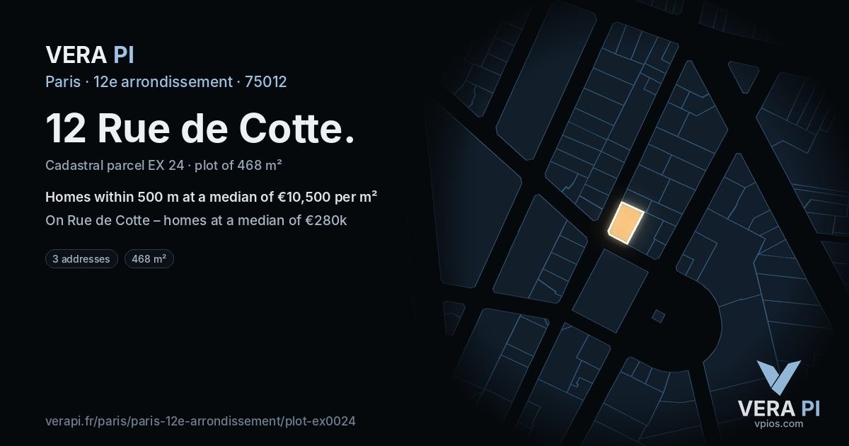 12 Rue de Cotte, 12e arrondissement at night – the plot lit, the parcels around coloured by the prices near them