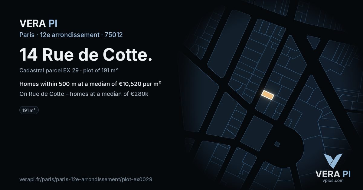 14 Rue de Cotte, 12e arrondissement at night – the plot lit, the parcels around coloured by the prices near them