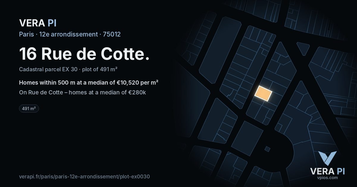 16 Rue de Cotte, 12e arrondissement at night – the plot lit, the parcels around coloured by the prices near them