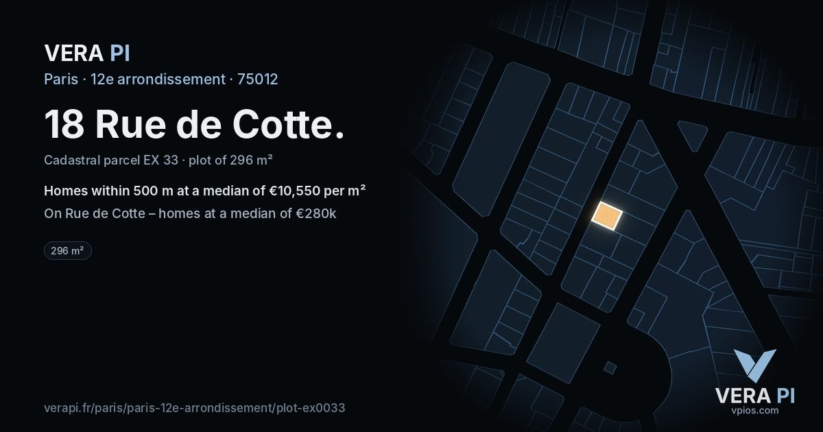 18 Rue de Cotte, 12e arrondissement at night – the plot lit, the parcels around coloured by the prices near them