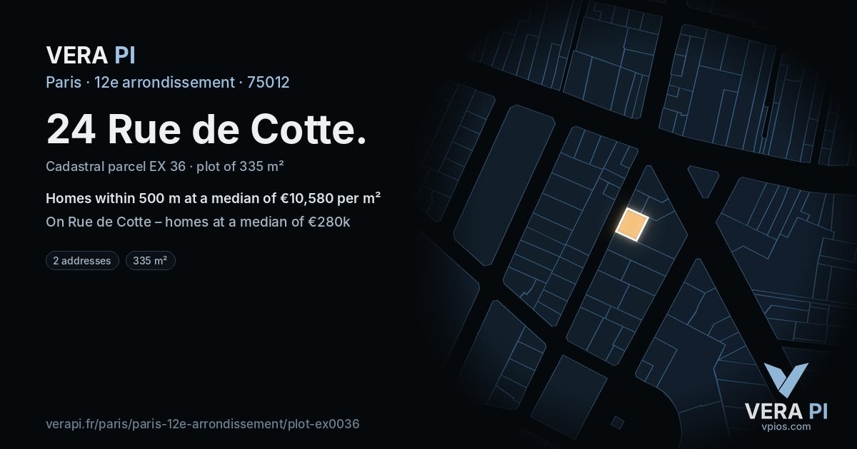 24 Rue de Cotte, 12e arrondissement at night – the plot lit, the parcels around coloured by the prices near them