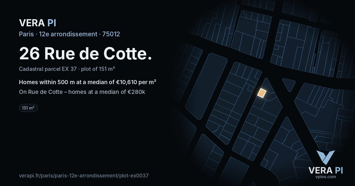 26 Rue de Cotte, 12e arrondissement at night – the plot lit, the parcels around coloured by the prices near them