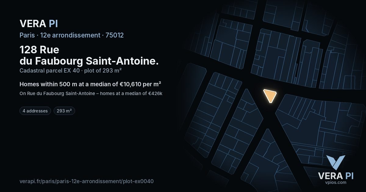 128 Rue du Faubourg Saint-Antoine, 12e arrondissement at night – the plot lit, the parcels around coloured by the prices near them