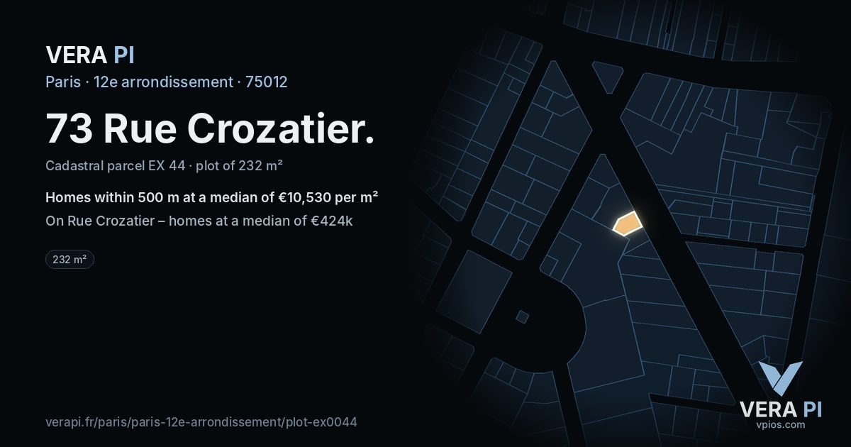 73 Rue Crozatier, 12e arrondissement at night – the plot lit, the parcels around coloured by the prices near them