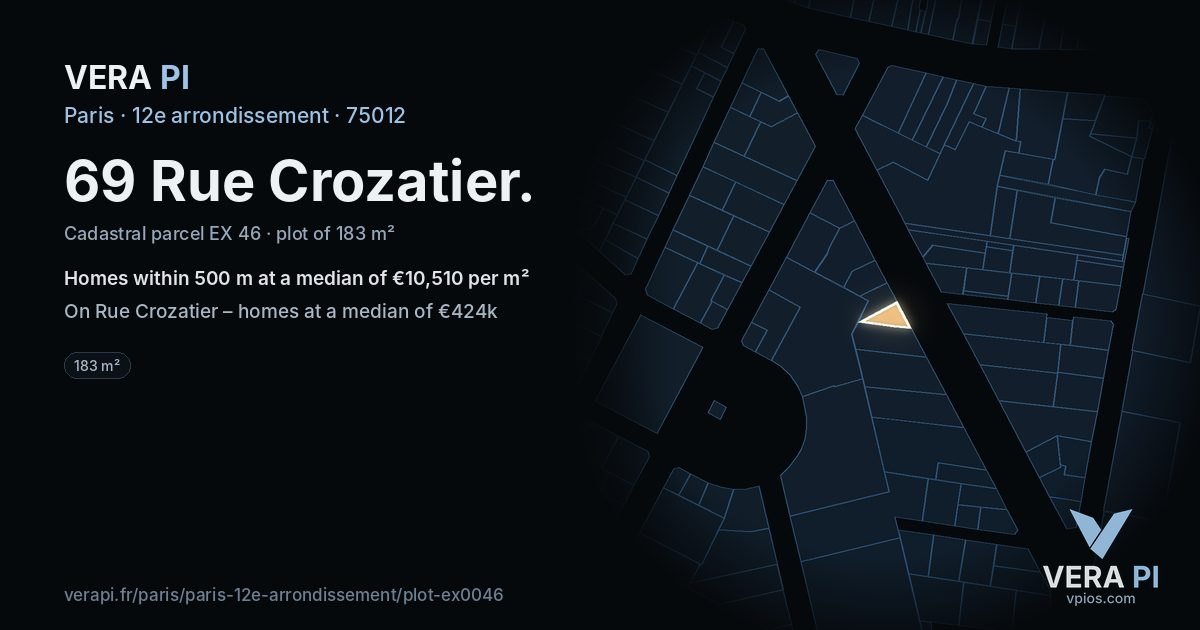 69 Rue Crozatier, 12e arrondissement at night – the plot lit, the parcels around coloured by the prices near them