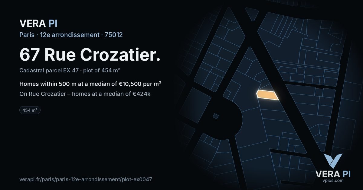 67 Rue Crozatier, 12e arrondissement at night – the plot lit, the parcels around coloured by the prices near them