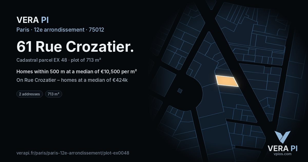 61 Rue Crozatier, 12e arrondissement at night – the plot lit, the parcels around coloured by the prices near them