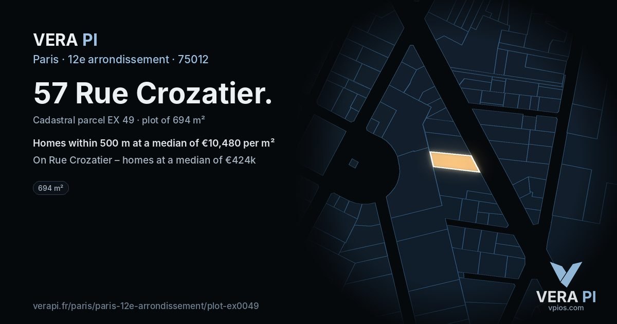 57 Rue Crozatier, 12e arrondissement at night – the plot lit, the parcels around coloured by the prices near them