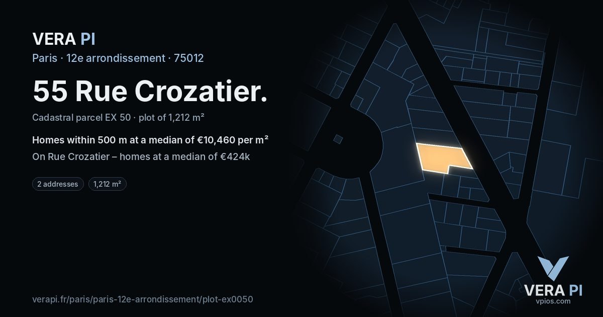 55 Rue Crozatier, 12e arrondissement at night – the plot lit, the parcels around coloured by the prices near them