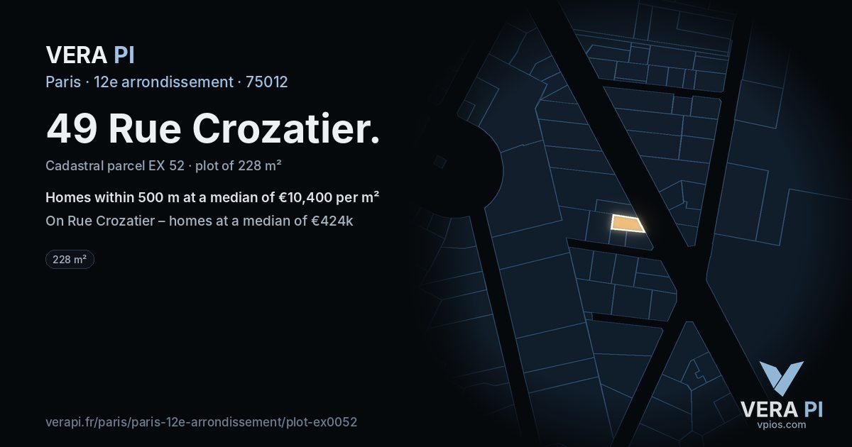 49 Rue Crozatier, 12e arrondissement at night – the plot lit, the parcels around coloured by the prices near them