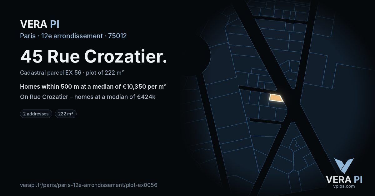 45 Rue Crozatier, 12e arrondissement at night – the plot lit, the parcels around coloured by the prices near them