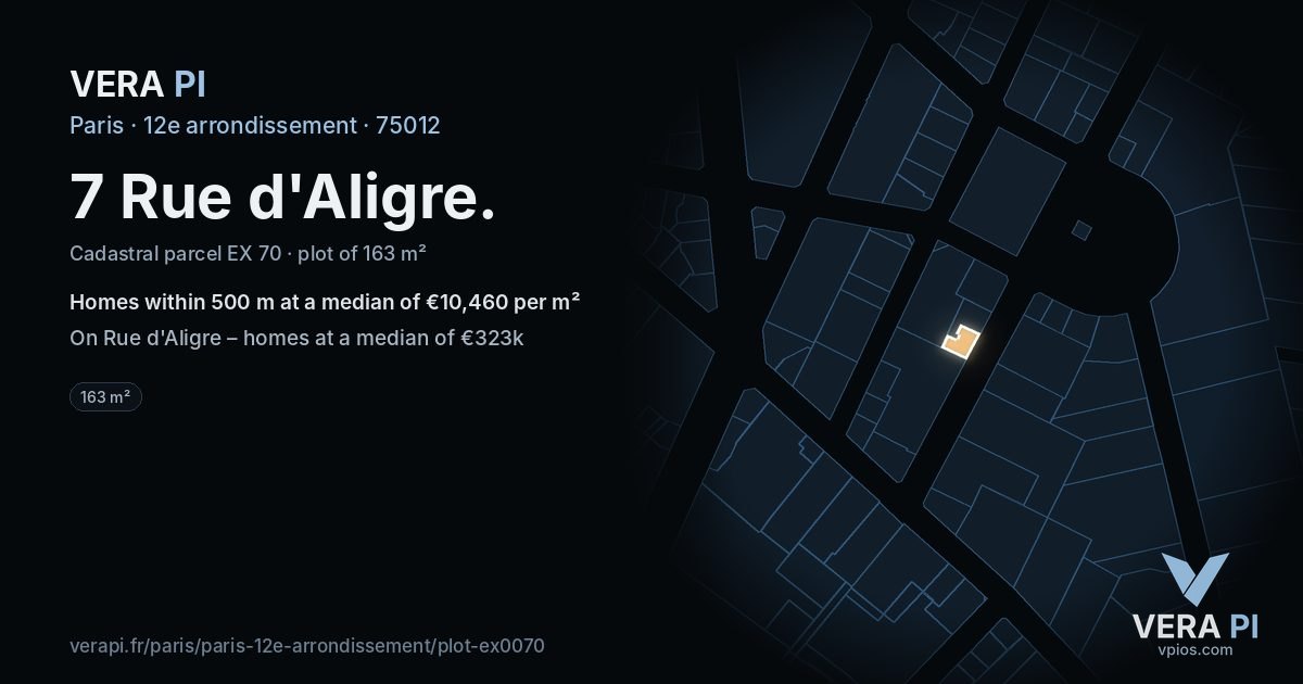 7 Rue d'Aligre, 12e arrondissement at night – the plot lit, the parcels around coloured by the prices near them