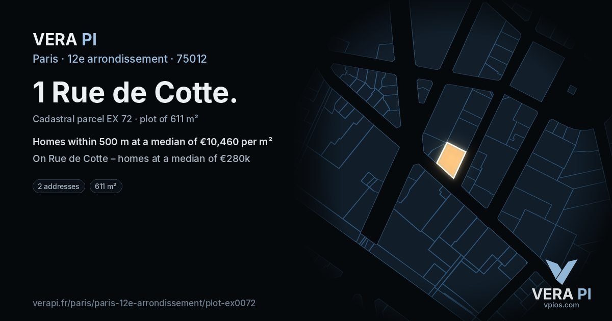 1 Rue de Cotte, 12e arrondissement at night – the plot lit, the parcels around coloured by the prices near them