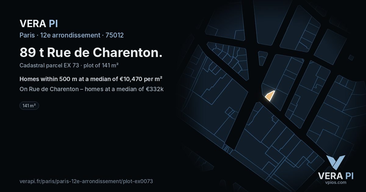 89 t Rue de Charenton, 12e arrondissement at night – the plot lit, the parcels around coloured by the prices near them