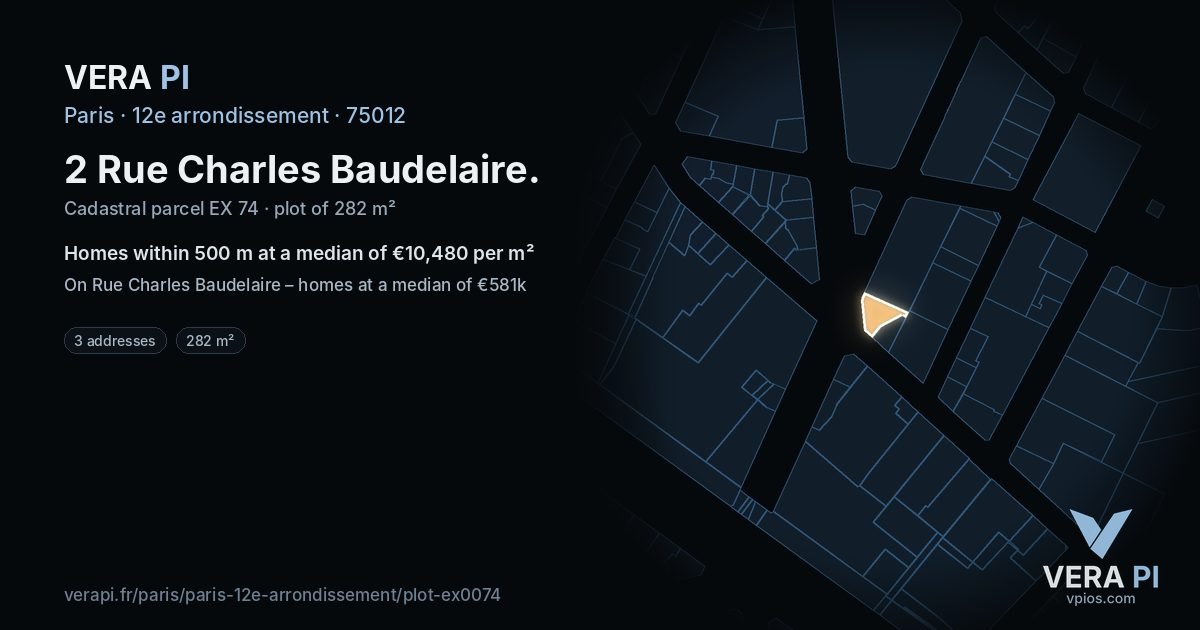 2 Rue Charles Baudelaire, 12e arrondissement at night – the plot lit, the parcels around coloured by the prices near them