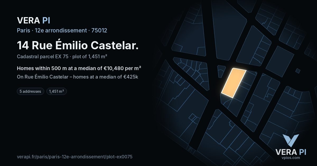 14 Rue Émilio Castelar, 12e arrondissement at night – the plot lit, the parcels around coloured by the prices near them