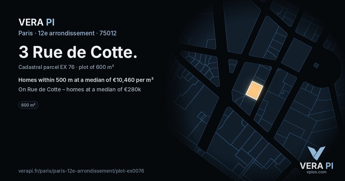 3 Rue de Cotte, 12e arrondissement at night – the plot lit, the parcels around coloured by the prices near them