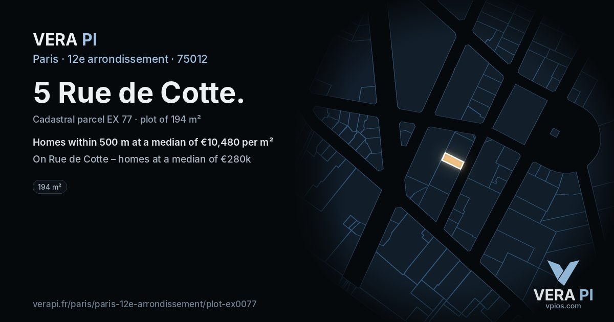 5 Rue de Cotte, 12e arrondissement at night – the plot lit, the parcels around coloured by the prices near them