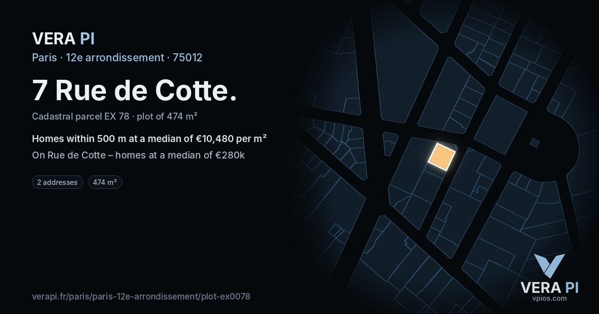 7 Rue de Cotte, 12e arrondissement at night – the plot lit, the parcels around coloured by the prices near them