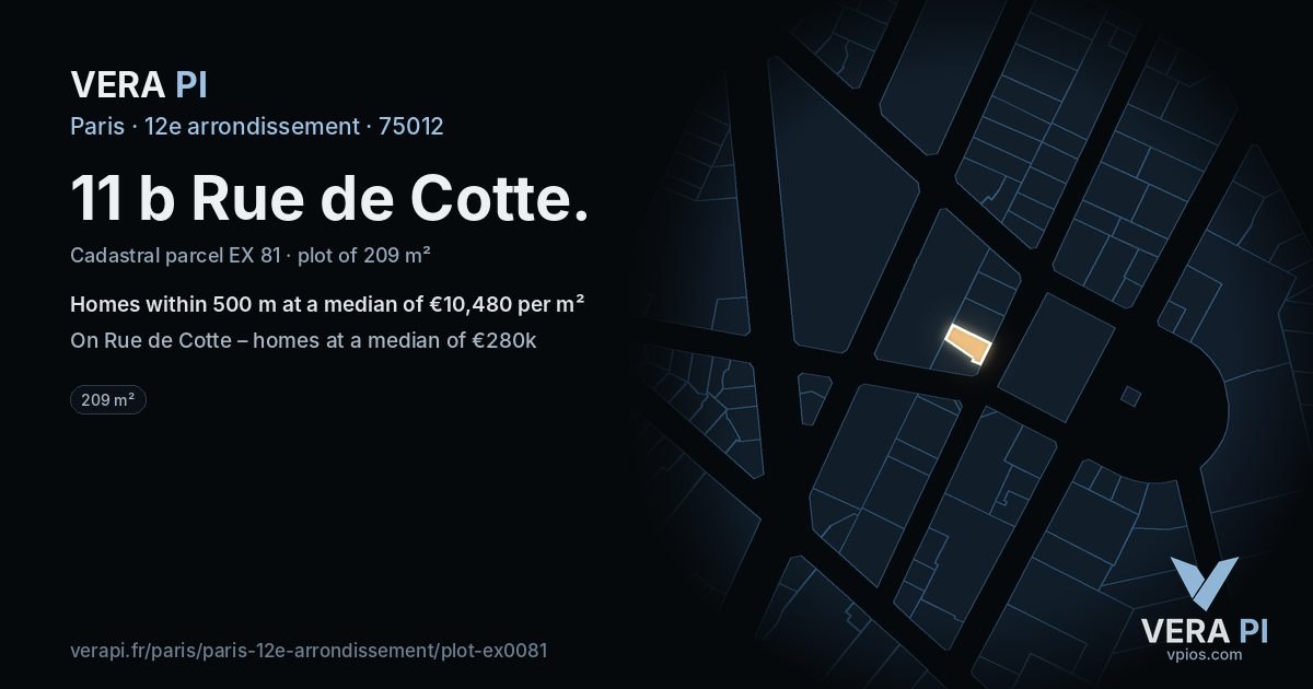 11 b Rue de Cotte, 12e arrondissement at night – the plot lit, the parcels around coloured by the prices near them