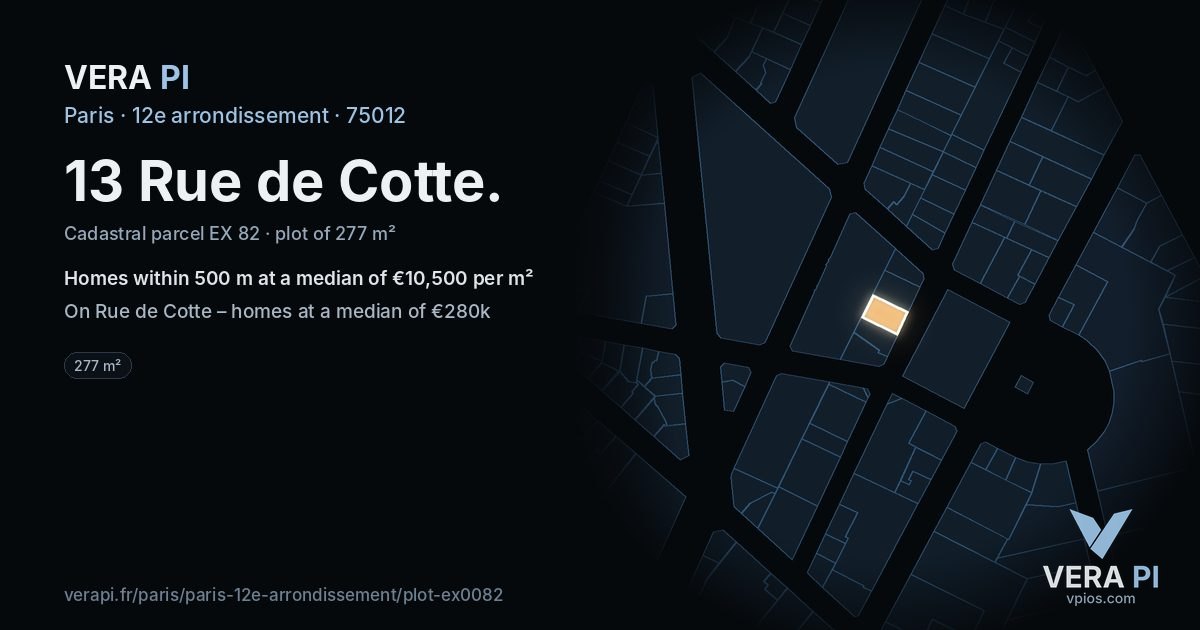 13 Rue de Cotte, 12e arrondissement at night – the plot lit, the parcels around coloured by the prices near them