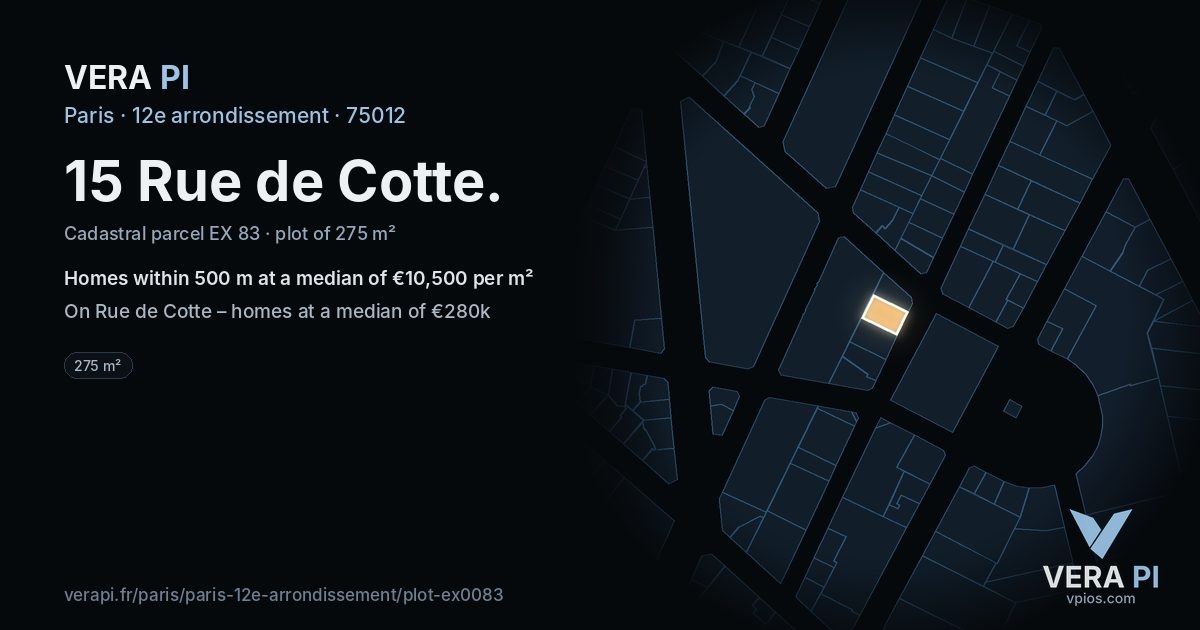 15 Rue de Cotte, 12e arrondissement at night – the plot lit, the parcels around coloured by the prices near them