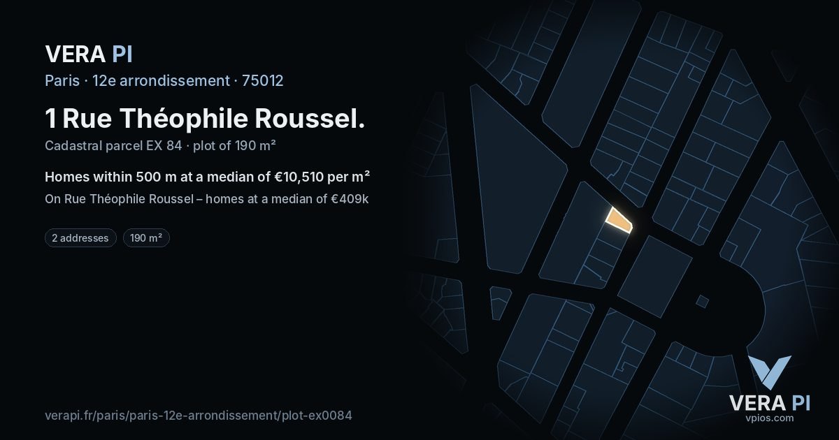 1 Rue Théophile Roussel, 12e arrondissement at night – the plot lit, the parcels around coloured by the prices near them