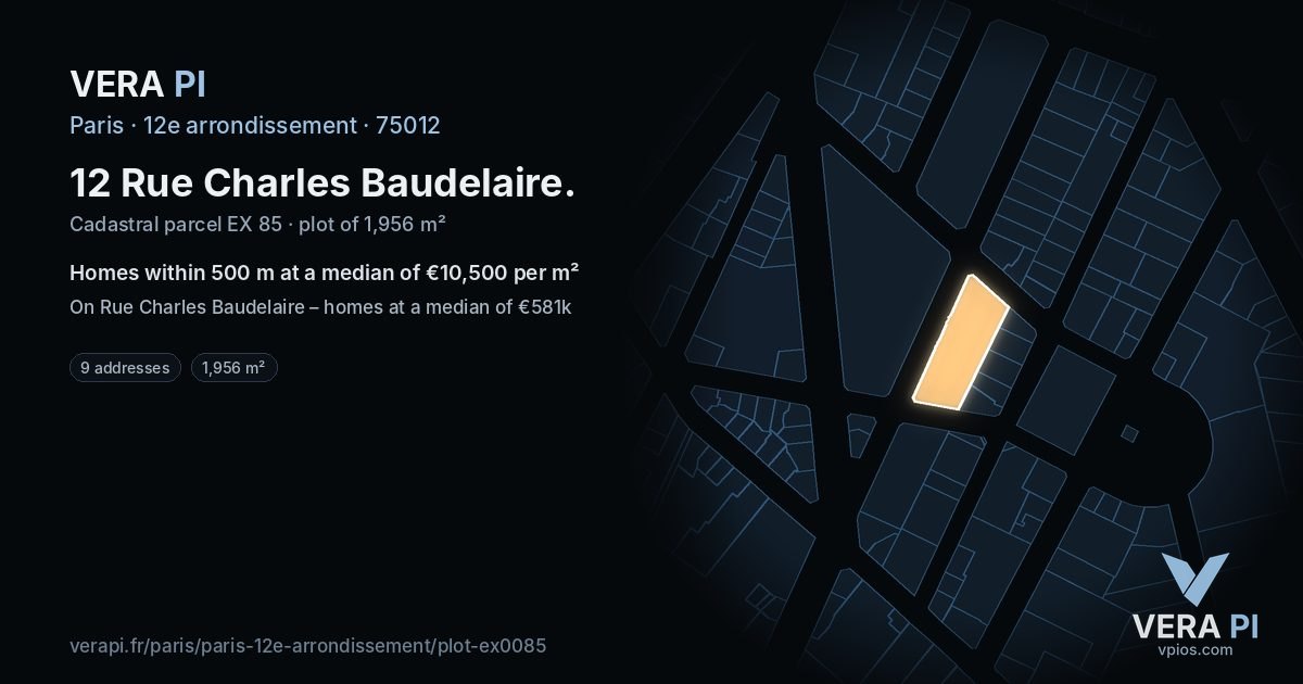 12 Rue Charles Baudelaire, 12e arrondissement at night – the plot lit, the parcels around coloured by the prices near them