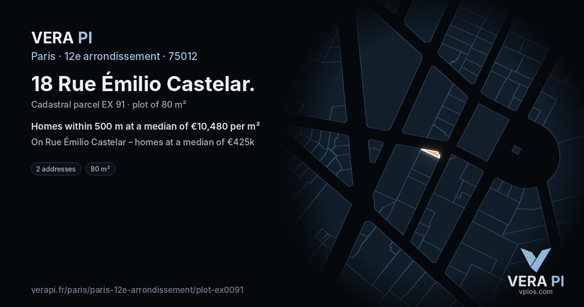 18 Rue Émilio Castelar, 12e arrondissement at night – the plot lit, the parcels around coloured by the prices near them