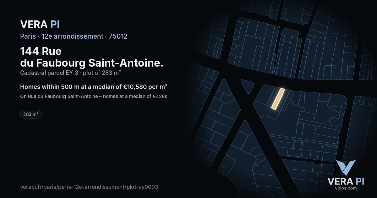 144 Rue du Faubourg Saint-Antoine, 12e arrondissement at night – the plot lit, the parcels around coloured by the prices near them