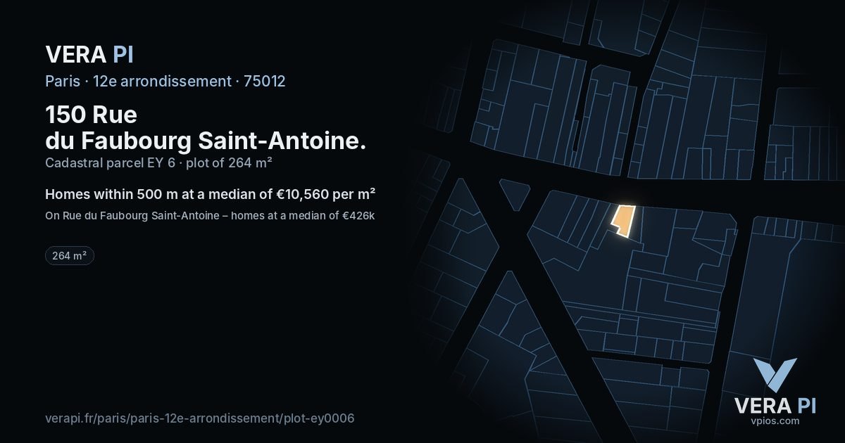 150 Rue du Faubourg Saint-Antoine, 12e arrondissement at night – the plot lit, the parcels around coloured by the prices near them