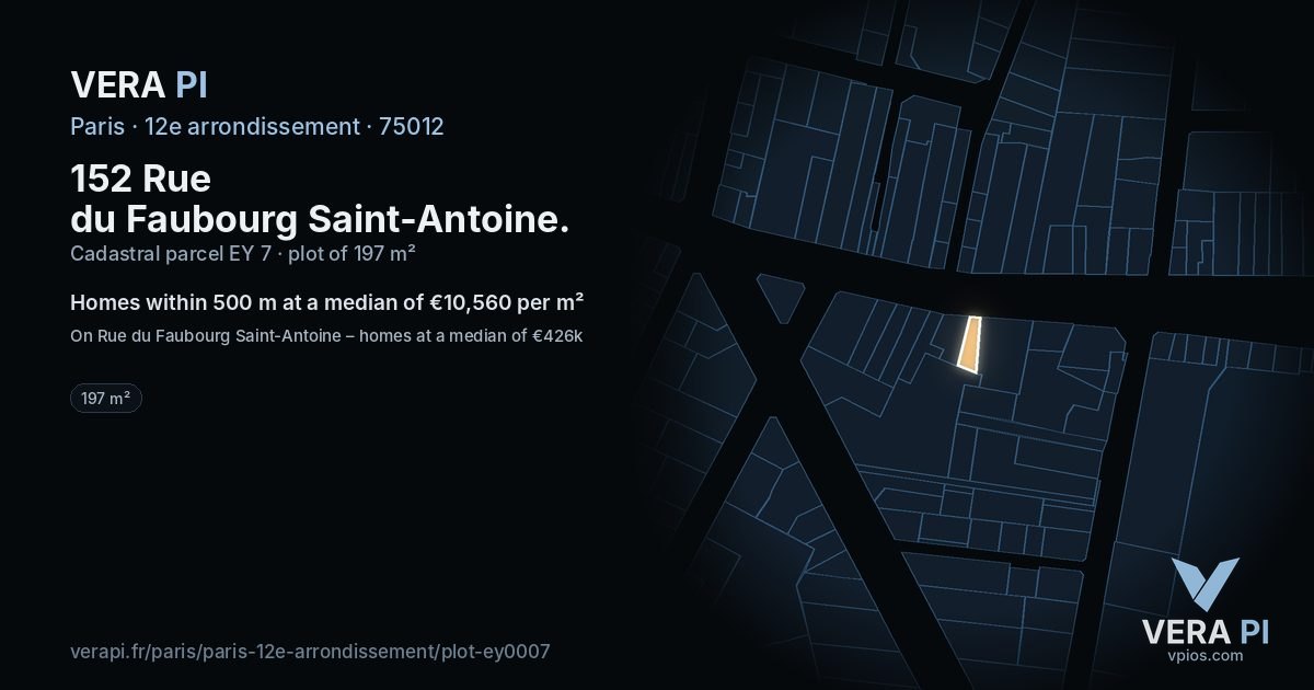 152 Rue du Faubourg Saint-Antoine, 12e arrondissement at night – the plot lit, the parcels around coloured by the prices near them