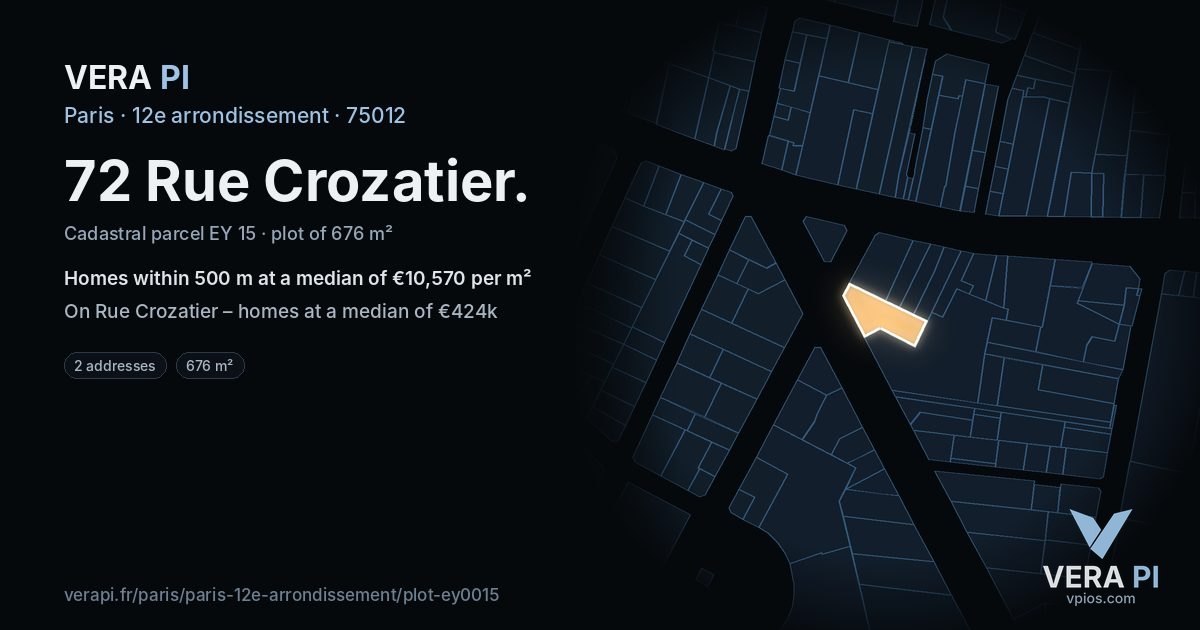 72 Rue Crozatier, 12e arrondissement at night – the plot lit, the parcels around coloured by the prices near them