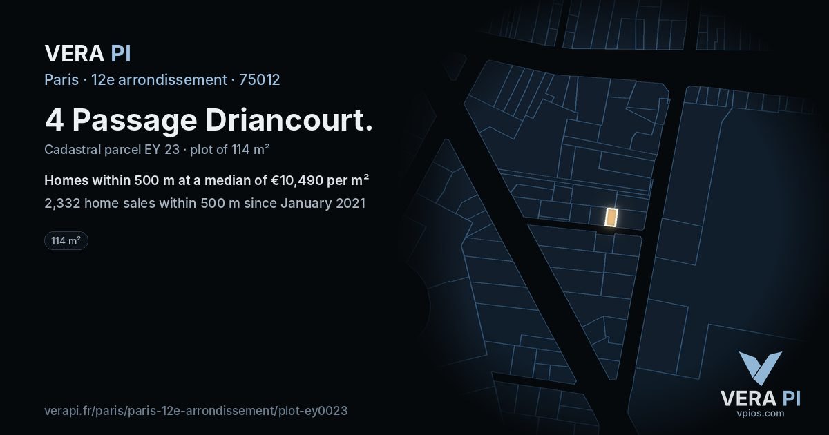 4 Passage Driancourt, 12e arrondissement at night – the plot lit, the parcels around coloured by the prices near them