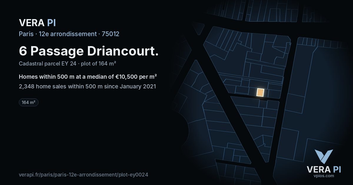 6 Passage Driancourt, 12e arrondissement at night – the plot lit, the parcels around coloured by the prices near them
