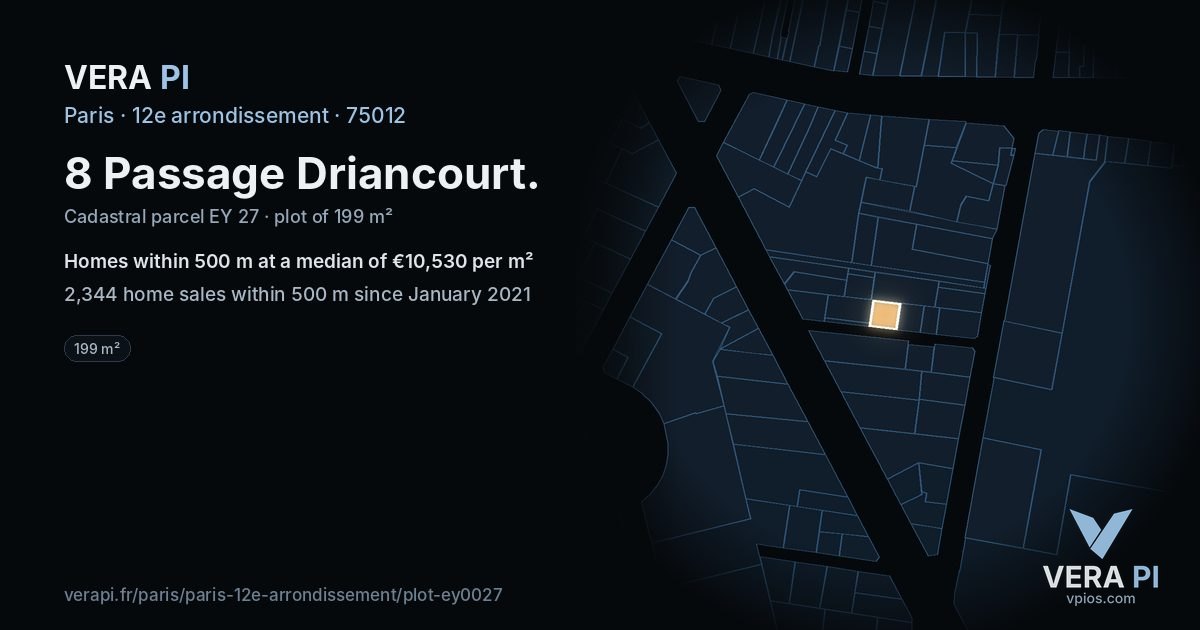 8 Passage Driancourt, 12e arrondissement at night – the plot lit, the parcels around coloured by the prices near them