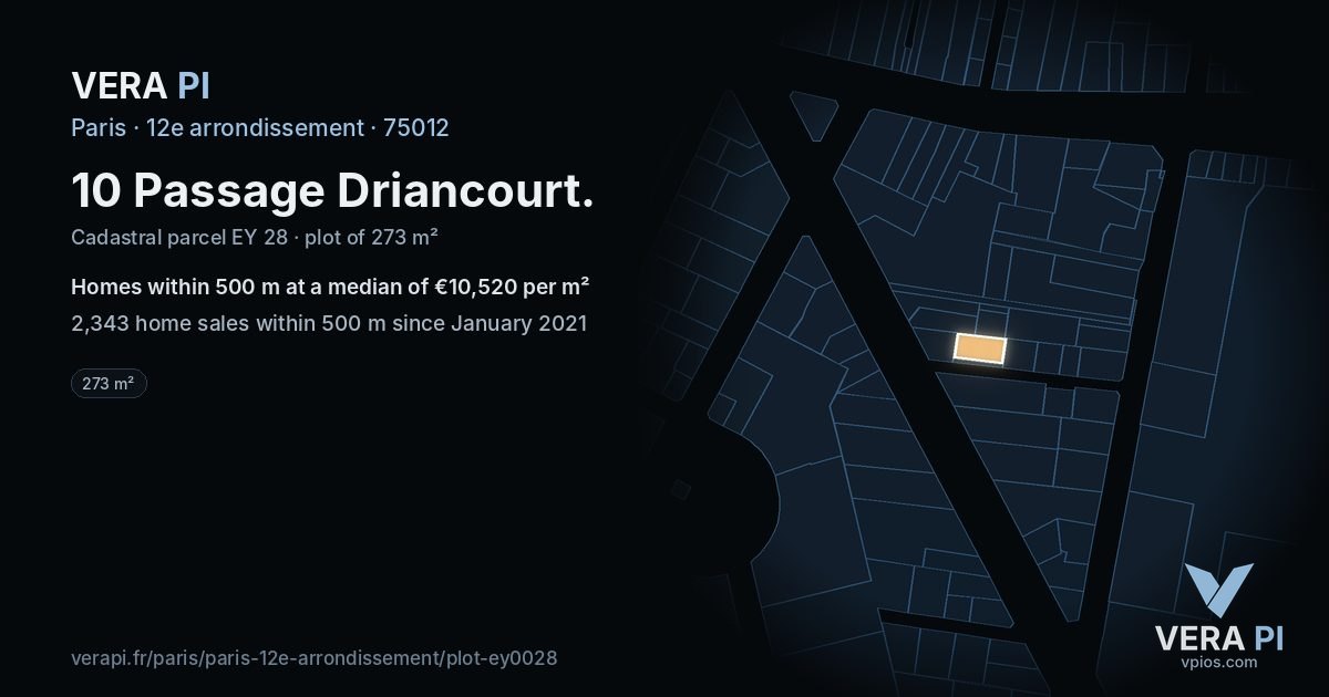 10 Passage Driancourt, 12e arrondissement at night – the plot lit, the parcels around coloured by the prices near them